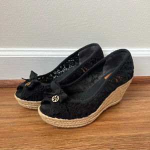 Tory Burch Jackie Black Lace Crochet Espadrilles Wedges